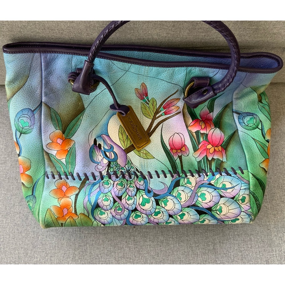 Anuschka hand painted hand bag Peacock and flowers